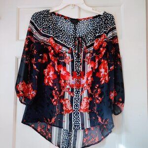 GUESS Los Angeles sz L Floral Semi-Sheer Blouse Top Long Sleeve Navy Blue Red